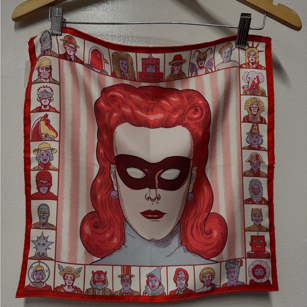 HERMES Red and Cream Graphic Silk Scarf